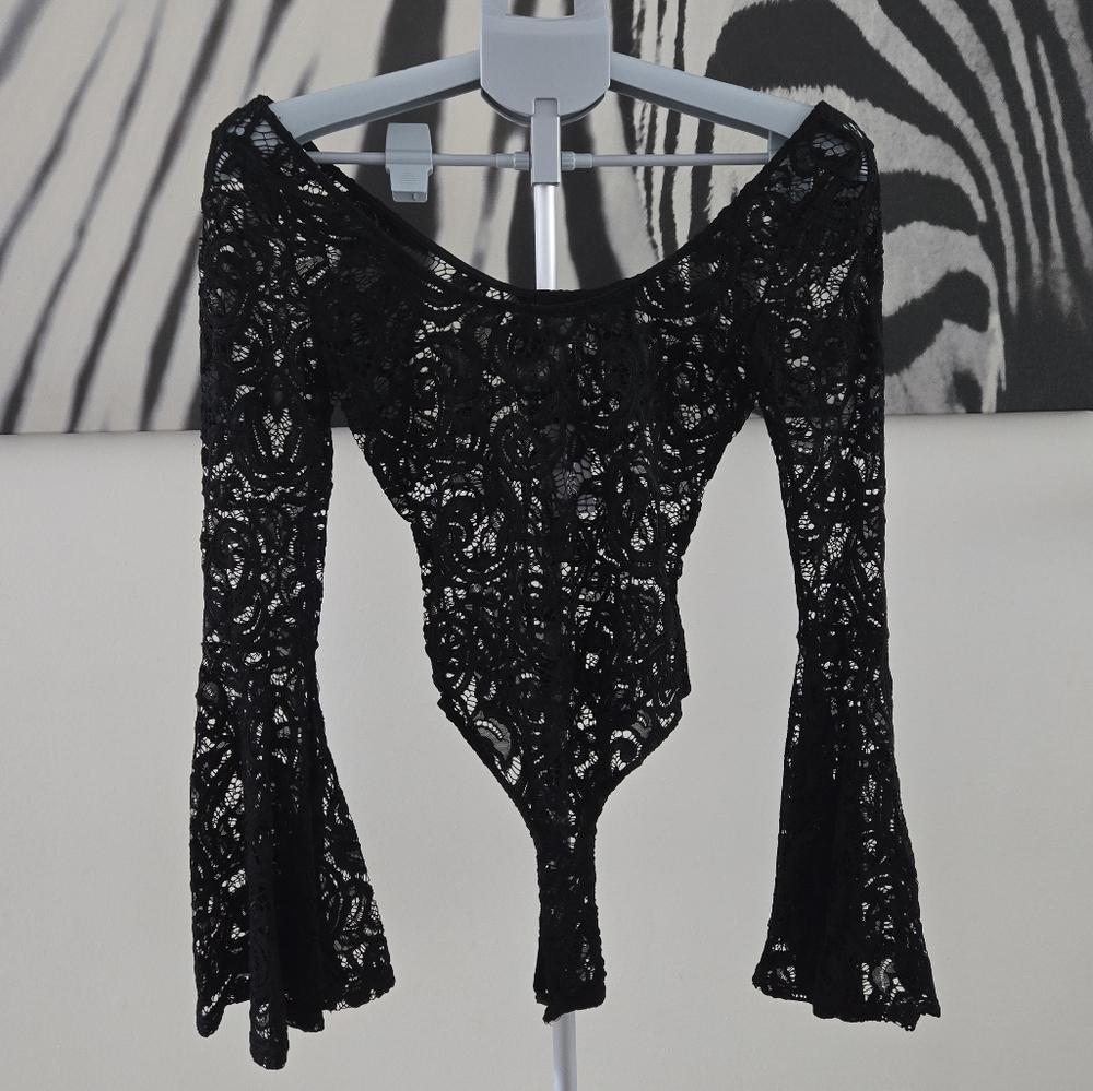 Wet Seal Black Lace bodysuit. Flare sleeve